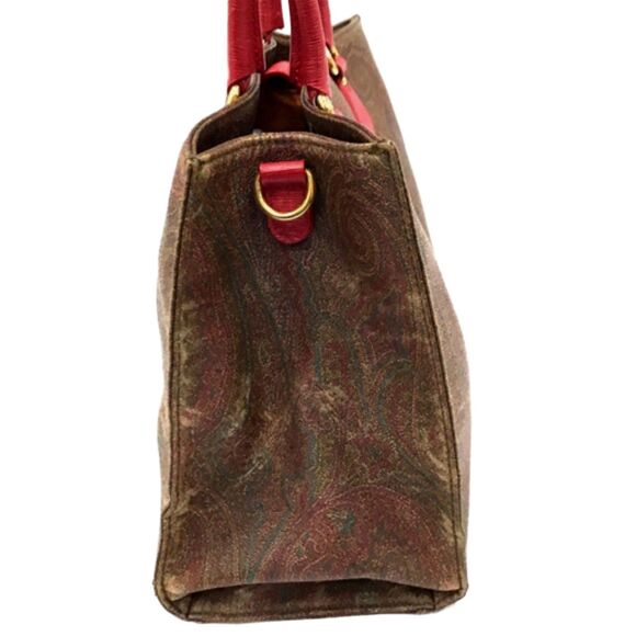 Etro (Authentic) Paisley Print Coated Canvas & Coral Pink Leather Large Bag VGUC - Picture 5 of 12
